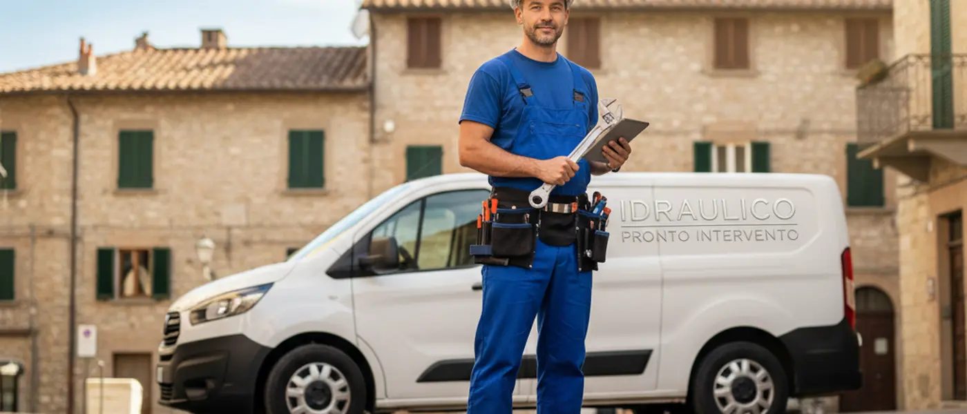 Idraulico italiano ripara un tubo rotto sotto il lavandino di un bagno con piastrelle in ceramica