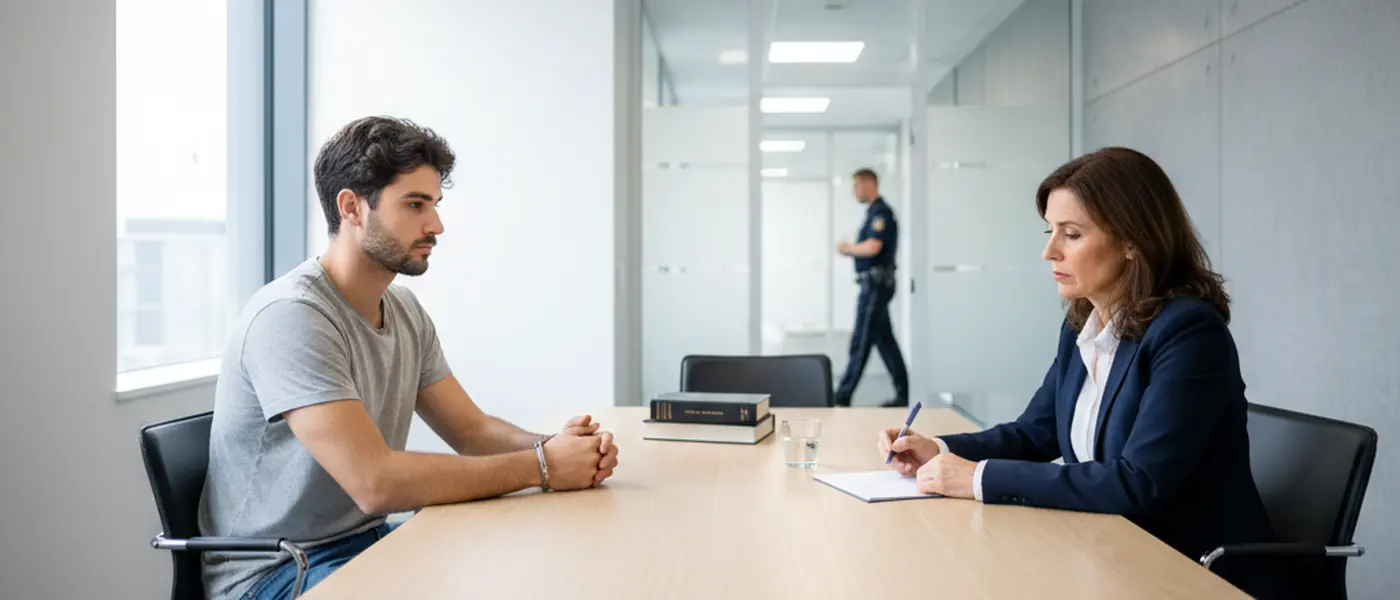 Advogado criminalista a consultar um cliente numa sala de interrogatório em Portugal