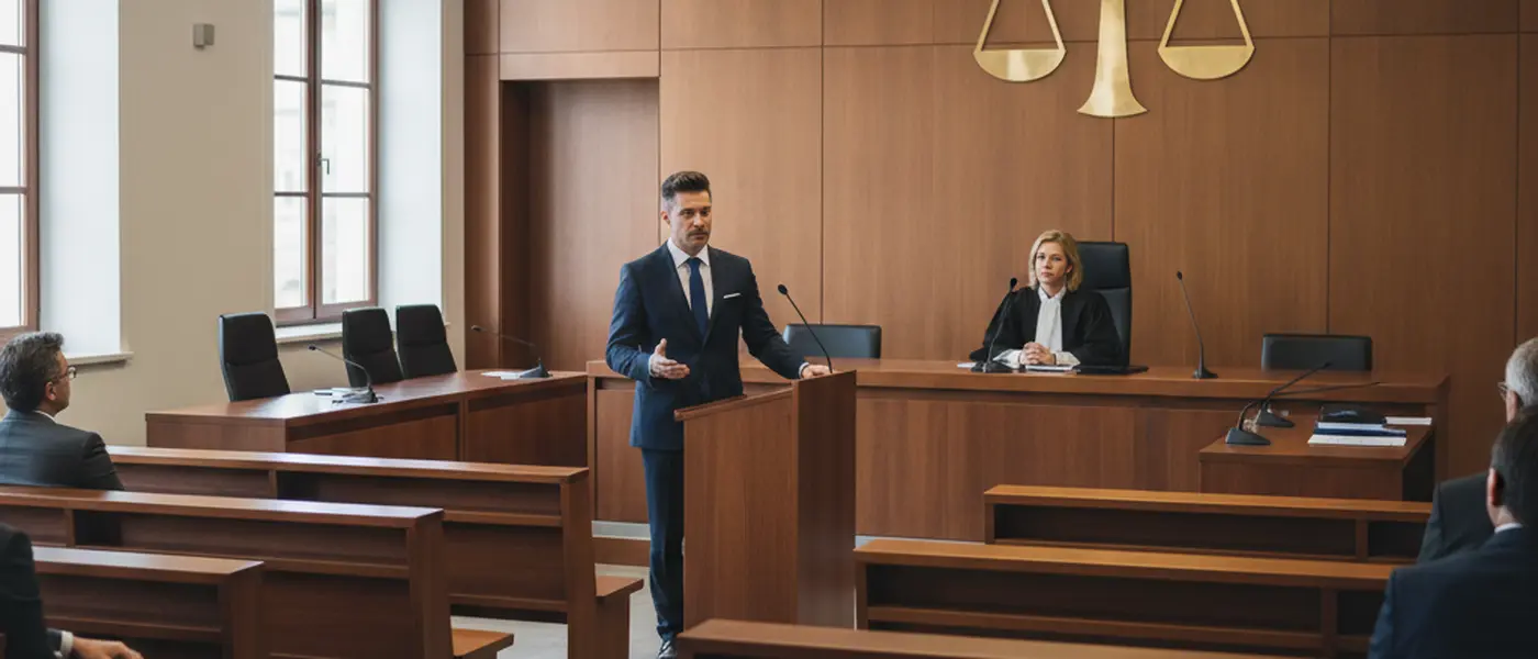 Advogado de defesa criminal a apresentar argumentos perante o tribunal em Portugal