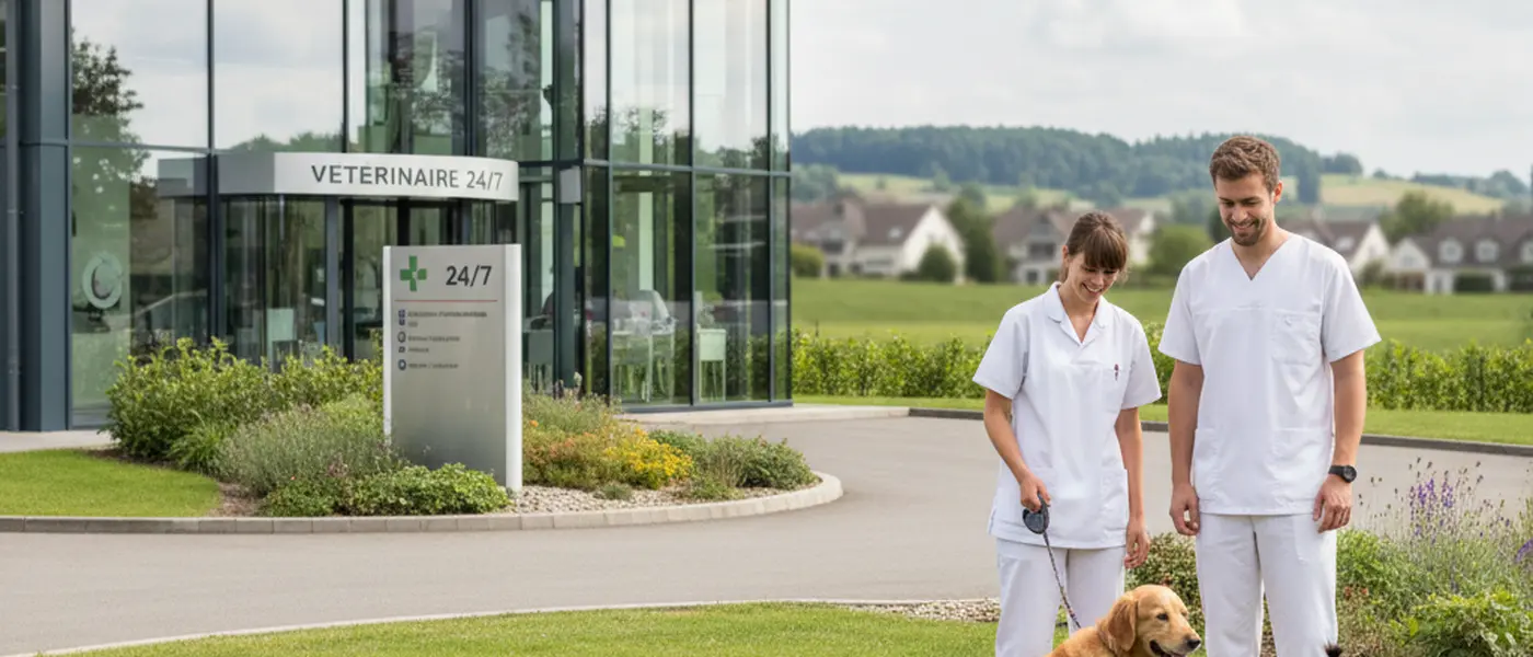 Veterinário português a examinar um golden retriever numa clínica veterinária moderna com equipamento médico