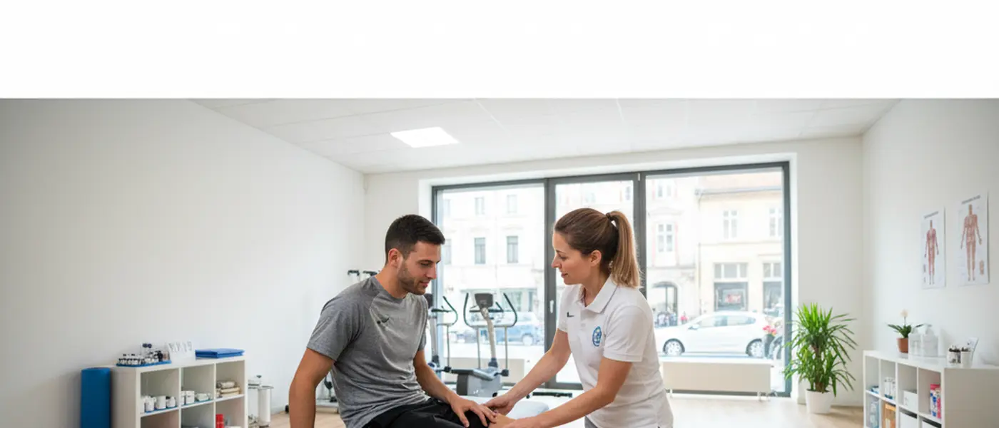 Calciatore visitato da un fisioterapista in clinica sportiva