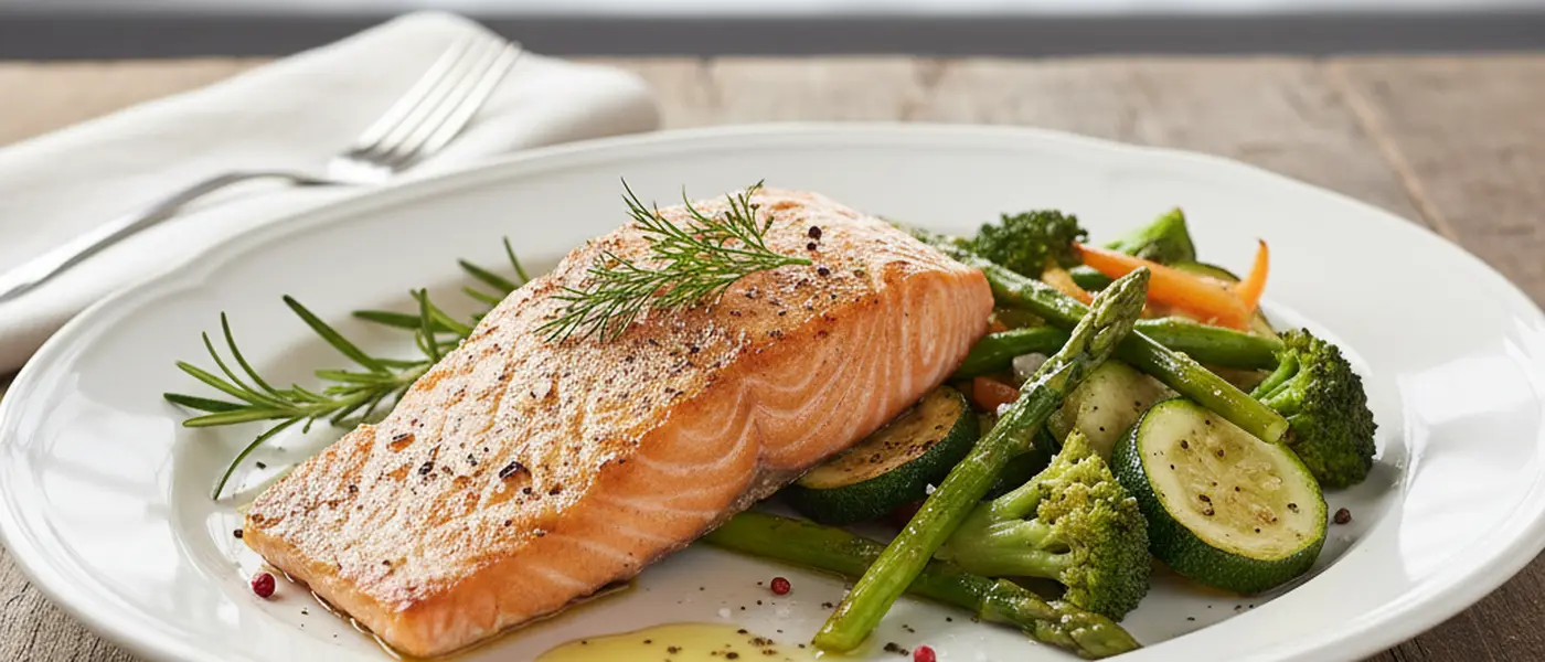 Keto-freundliche Lebensmittel auf einem Teller: gegrillter Lachs, grünes Gemüse und frische Kräuter