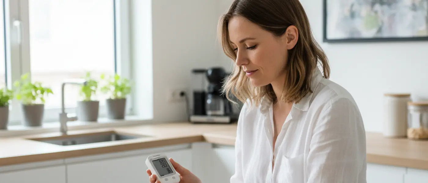 Person misst den Ketonspiegel im Blut mit einem digitalen Messgerät in einer hellen Küche