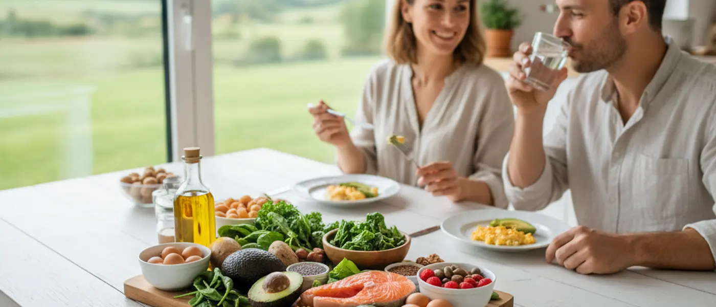 Frau bereitet eine ketogene Mahlzeit mit Avocado, Lachs und Nüssen in einer modernen Küche zu