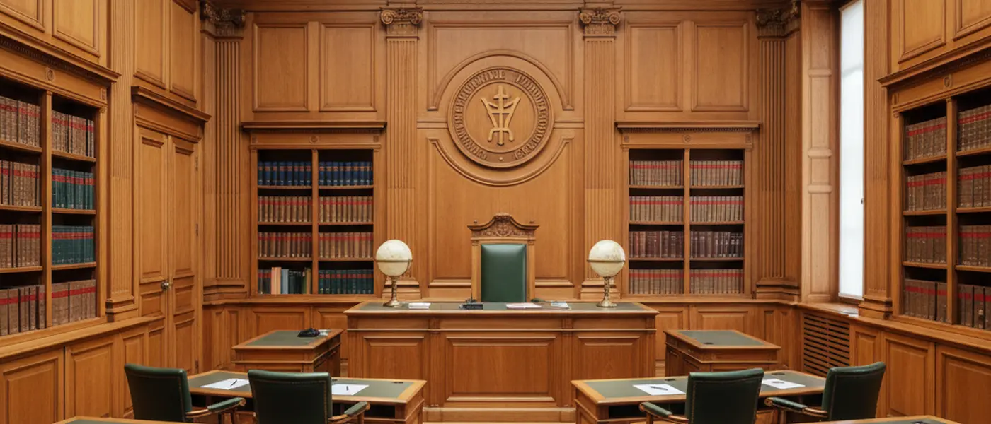 Salle d'audience d'un tribunal immobilier avec boiseries et livres de droit