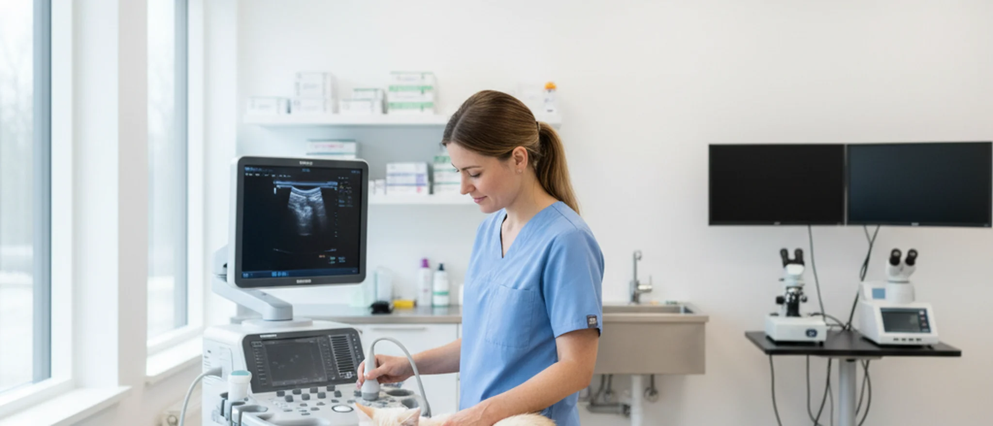 Veterinär undersöker en golden retriever på undersökningsbord i en modern svensk klinik