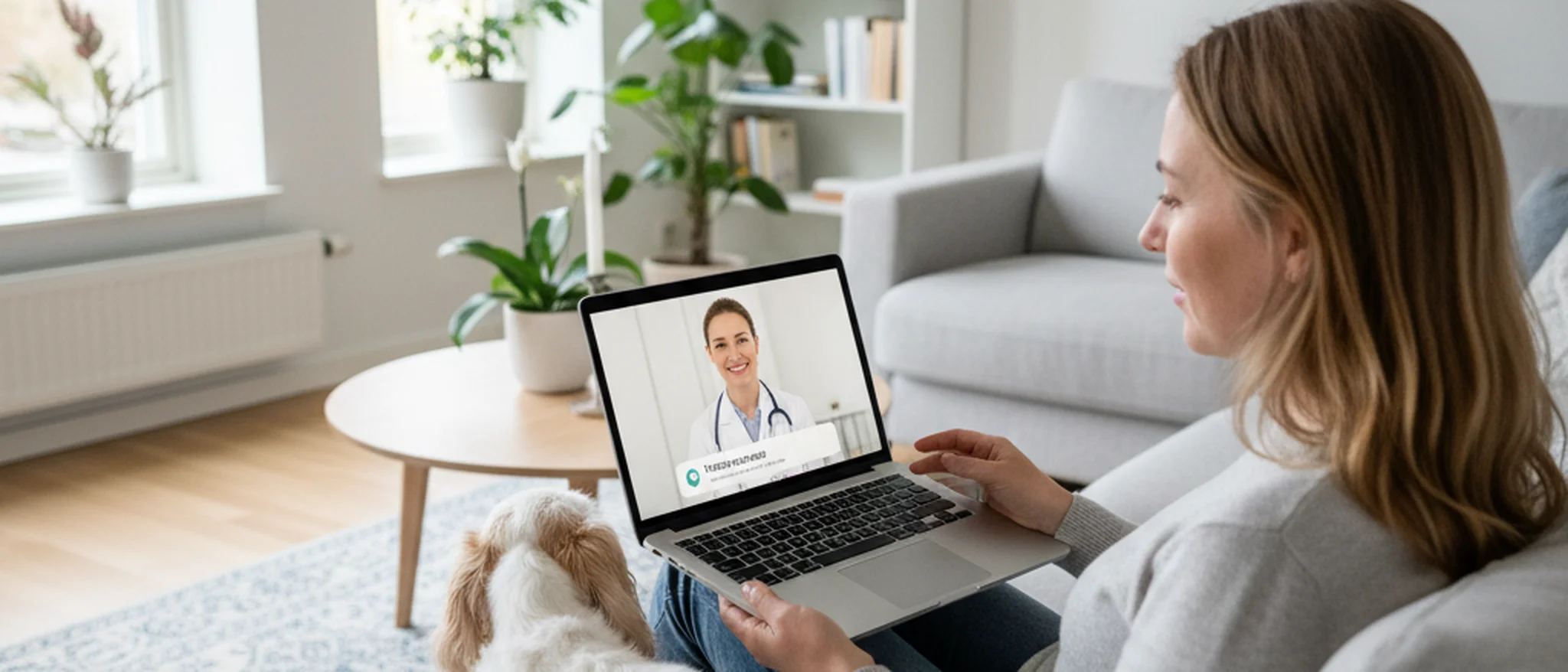 Person i videokonsultation med veterinär på laptop, med en liten hund bredvid på soffan