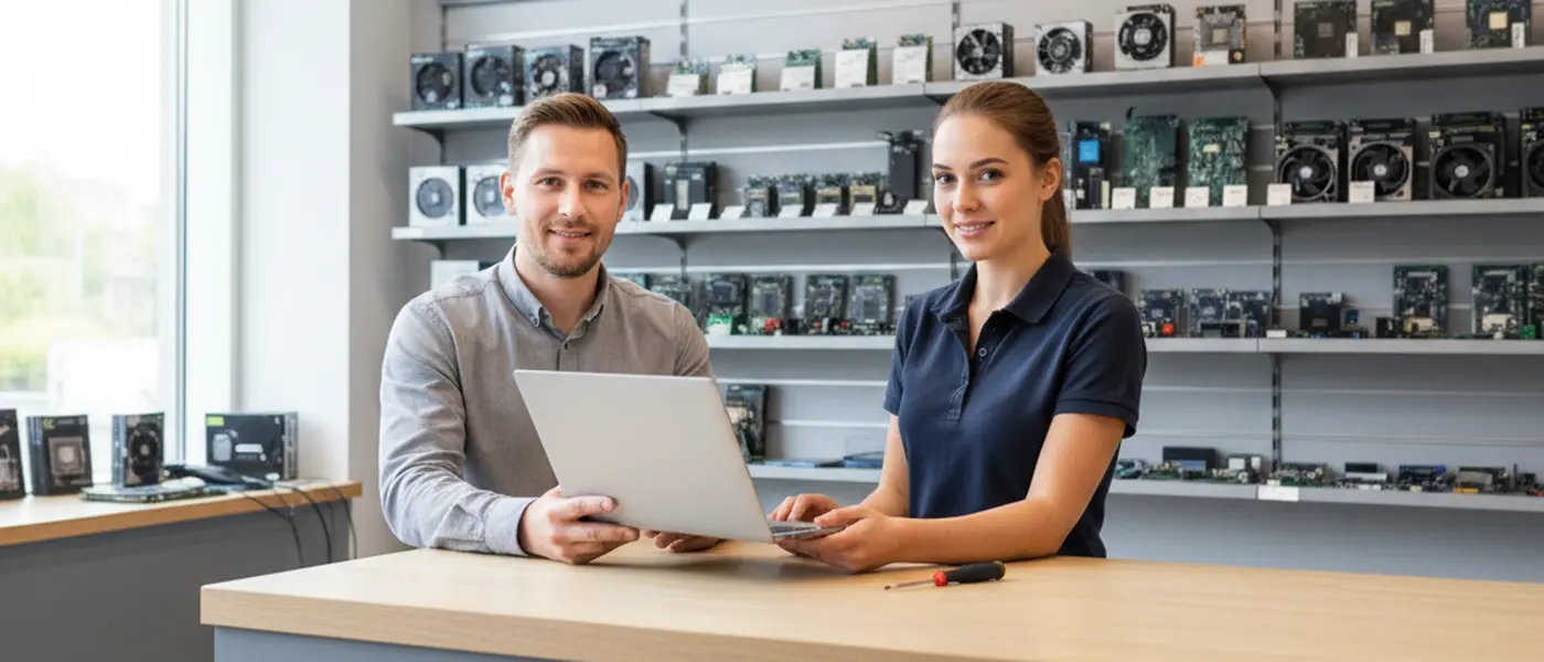 Technicien informatique réparant un ordinateur portable dans un atelier équipé d'outils de diagnostic