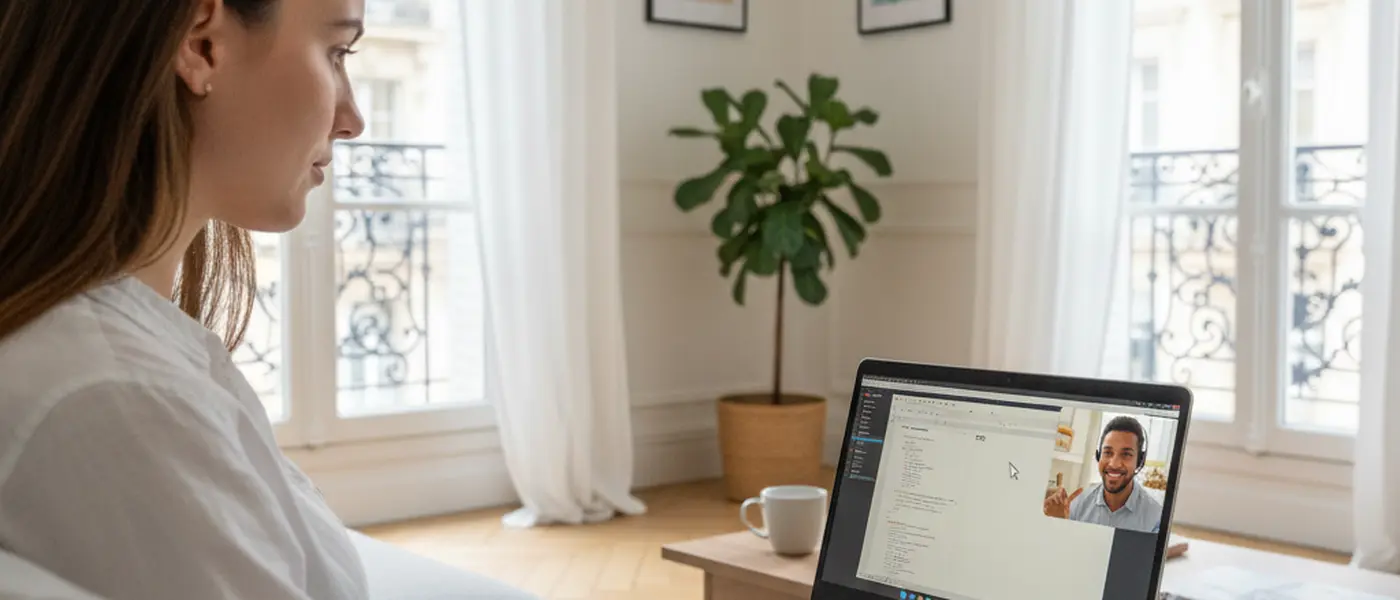 Personne utilisant un ordinateur portable avec une session de dépannage à distance dans un appartement français