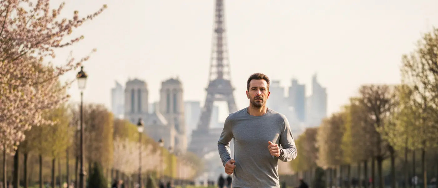 Homme français dans la trentaine qui court dans un parc urbain lors d'un matin de printemps, expression déterminée, Paris en arrière-plan flou