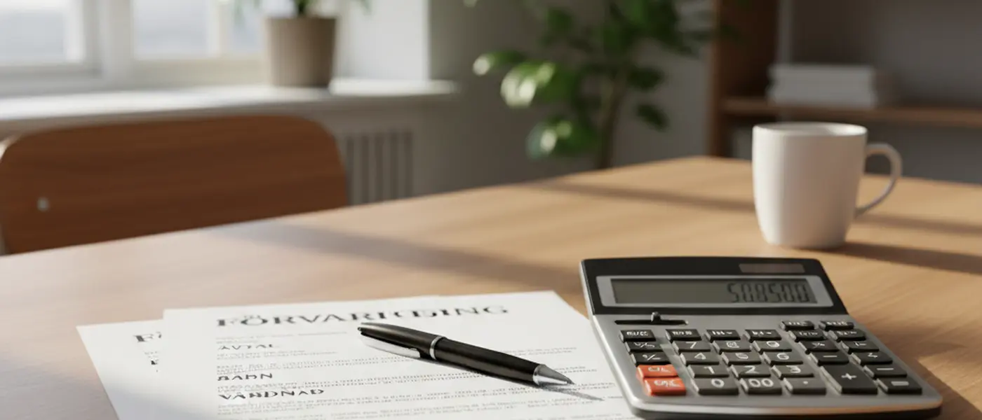 Juridiska dokument och kalkylator på ett skrivbord i en svensk advokatbyrå, med vårdnadsavtal i fokus
