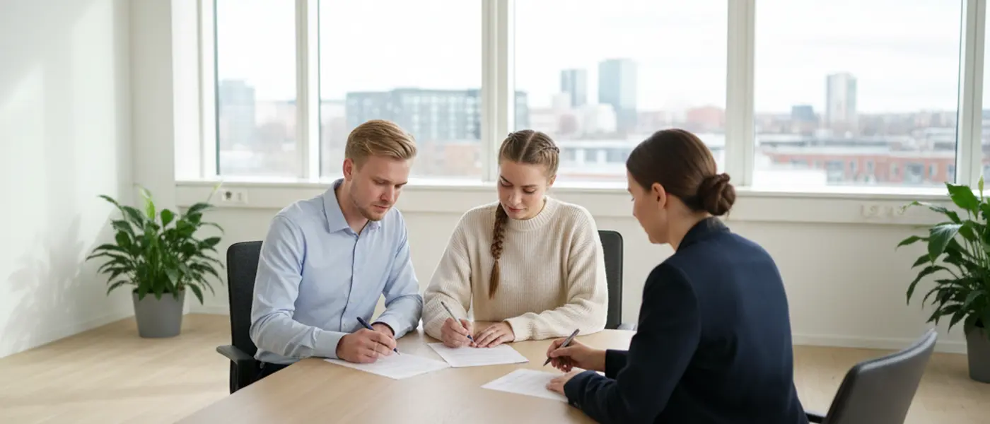 Ungt par signerar bodelningshandlingar hos en svensk advokat, minimalistiskt kontor med naturligt ljus