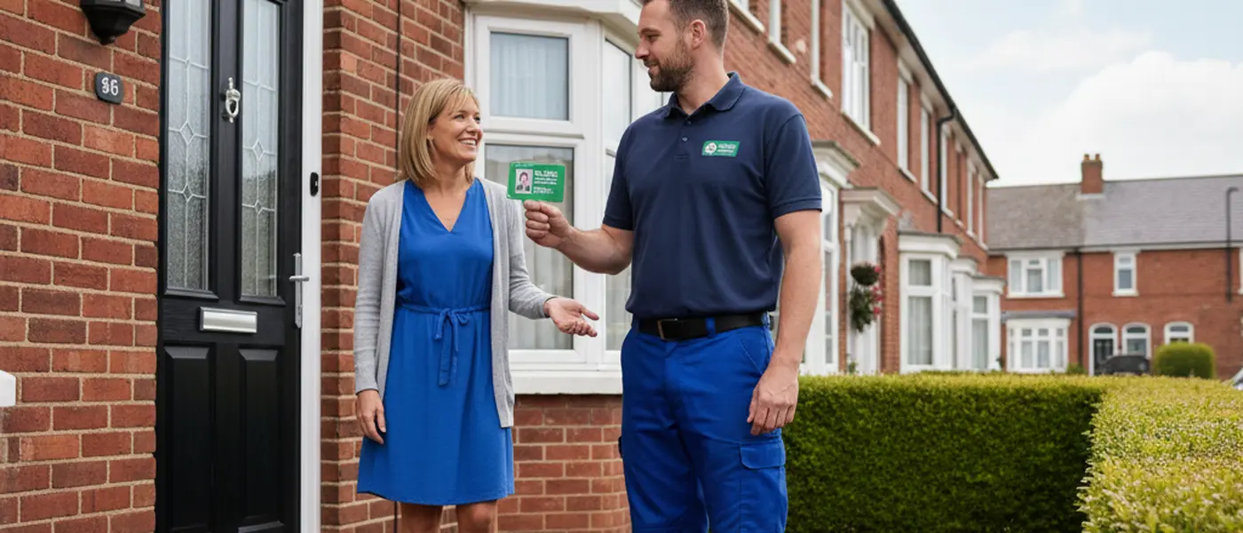 Gas Safe registered plumber showing credentials to a homeowner at the front door of a UK terraced house