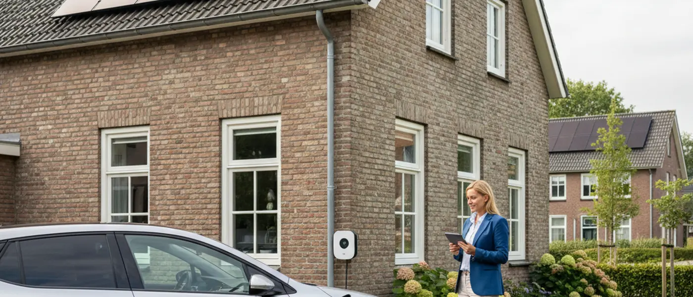 Elektrische auto laadt op aan een wallbox naast een Nederlands rijtjeshuis met zonnepanelen op het dak