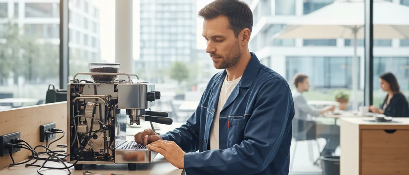 Technicien en électronique réparant un circuit imprimé dans un atelier professionnel avec station de soudure et outils organisés