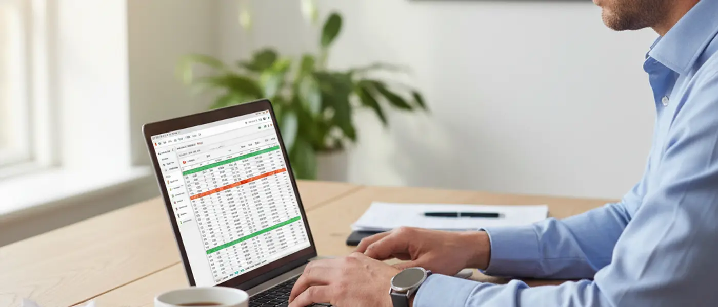 Dansk iværksætter arbejder med regnskabssoftware på bærbar computer ved et moderne skandinavisk skrivebord