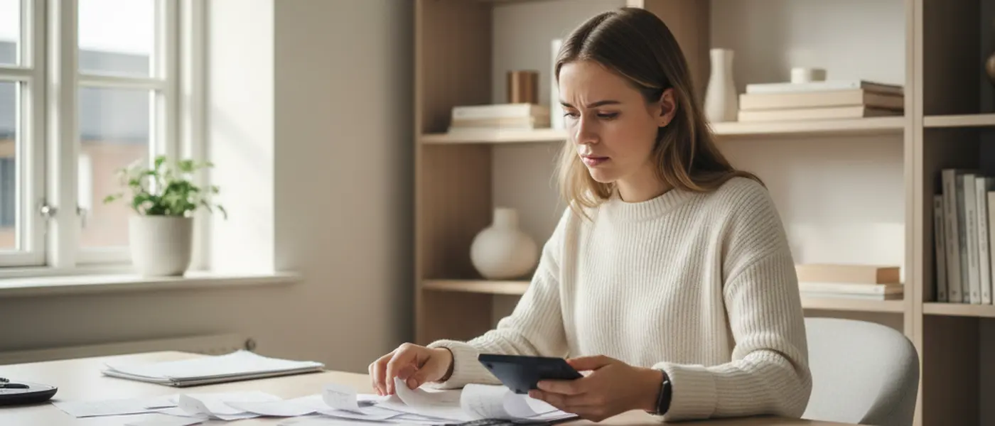 Dansk kvindelig iværksætter gennemgår kvitteringer og fakturaer ved sit hjemmekontor