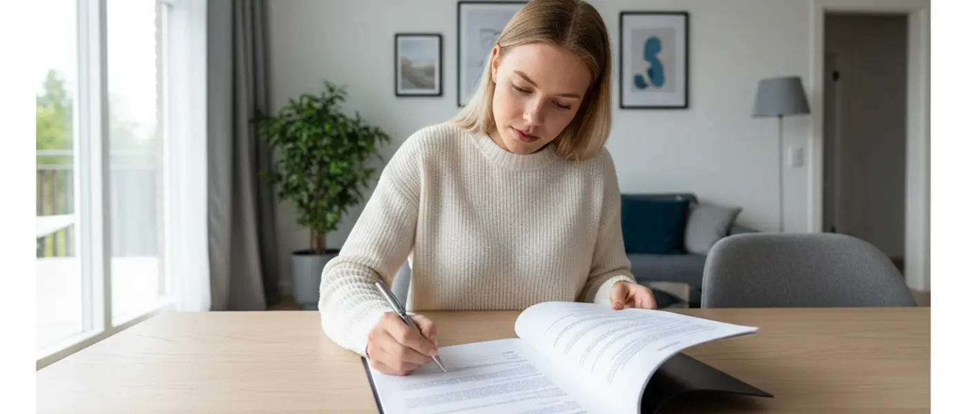 Ung svensk kvinna som noggrant läser ett juridiskt kontrakt vid ett bord i modern skandinavisk miljö