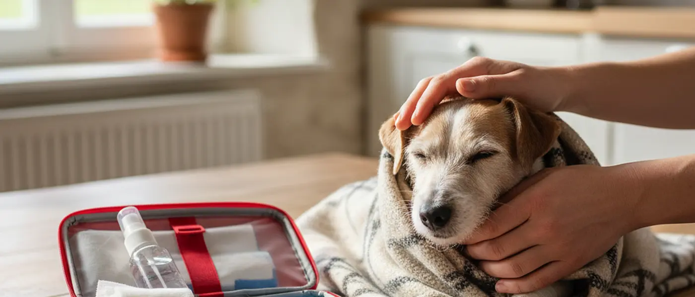 Propriétaire enveloppant un petit chien blessé dans une couverture avec une trousse de premiers secours ouverte sur une table