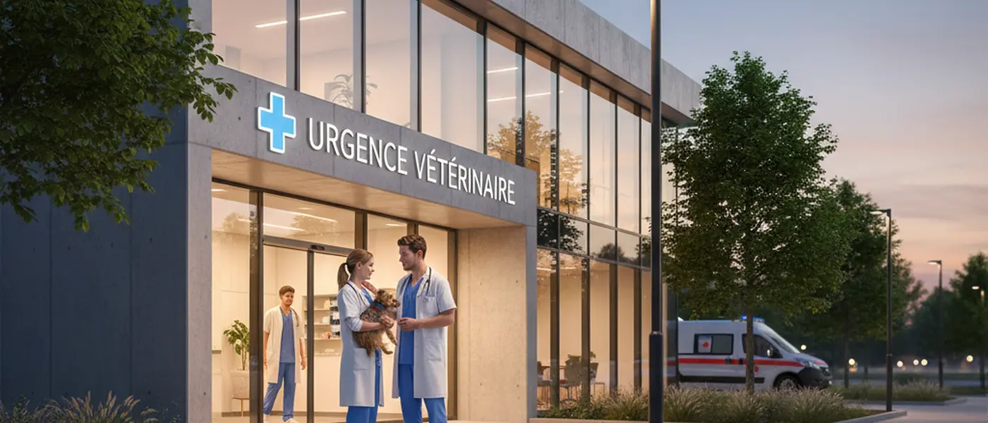 Vétérinaire examinant un golden retriever blessé sur une table d'examen dans une clinique vétérinaire moderne