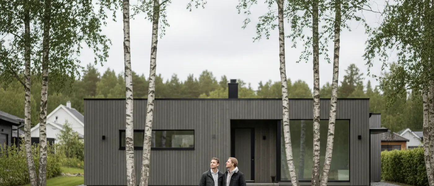 Norsk par som undersøker tomtegrenser ved et bolighus i et norsk nabolag