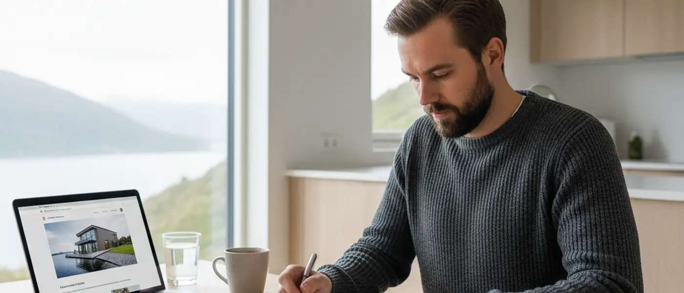 Norsk mann som leser juridiske dokumenter ved kjøkkenbordet med en bærbar datamaskin
