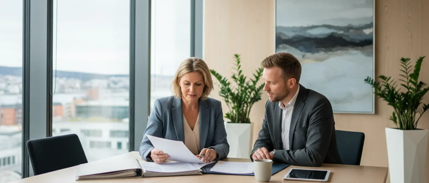 Norsk kvinne gjennomgår eiendomsdokumenter med advokat på et skandinavisk kontor i Oslo