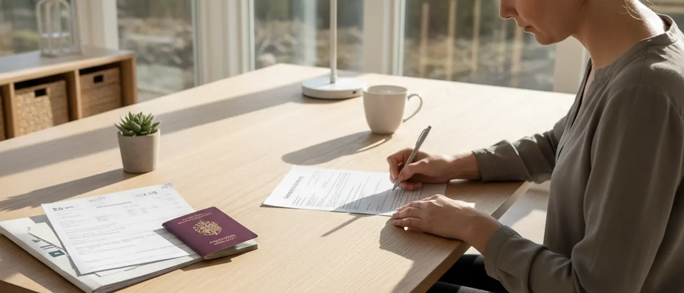 Person som gjennomgår juridiske dokumenter med en advokat på et moderne norsk kontor