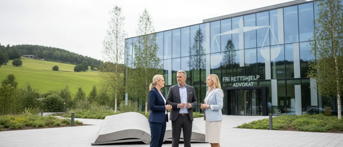 Norsk kvinne som gjennomgår juridiske dokumenter med en advokat på et lyst, moderne kontor i Oslo