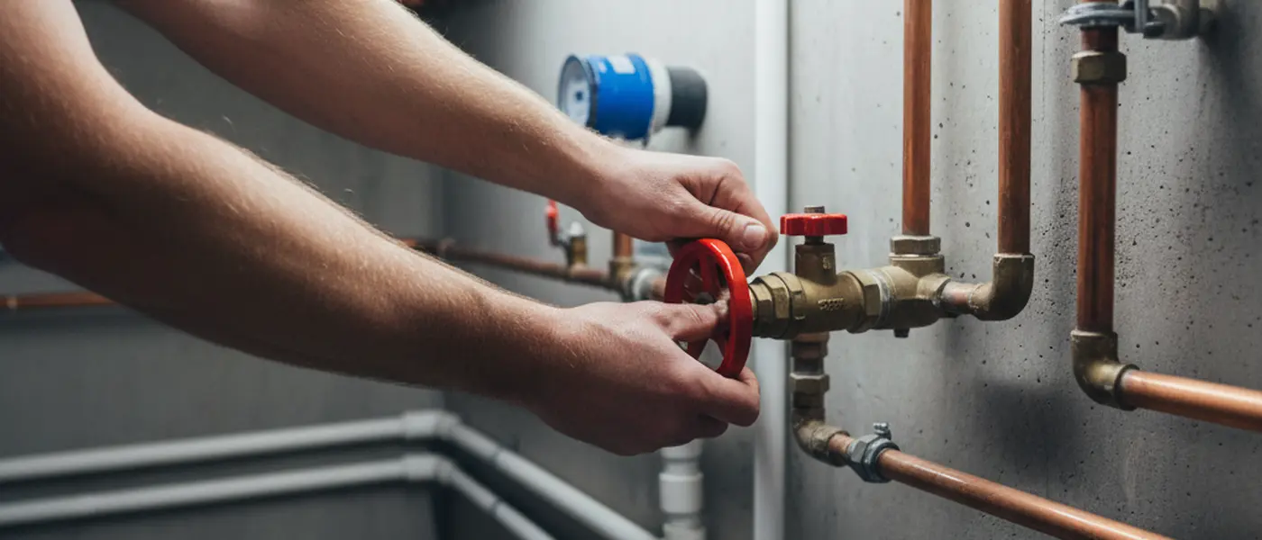 Hender som dreier en rød hovedkran i et teknisk rom med synlige kobberrør og vannmåler