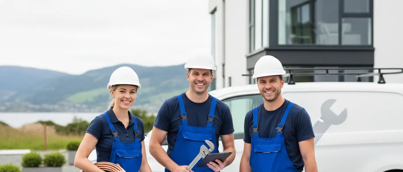 Rørlegger i arbeidsklær som reparerer kobberrør under kjøkkenvask i et norsk hjem