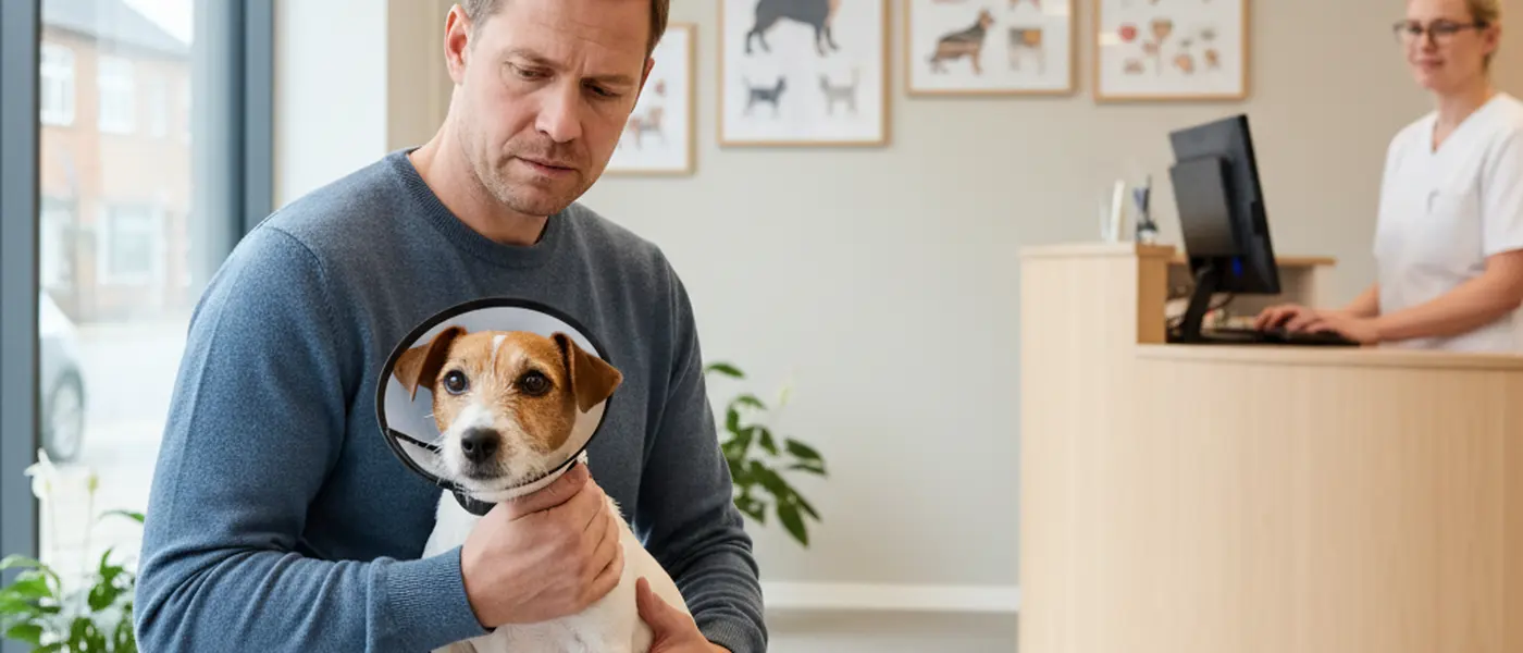 Bekymret dyreejer holder en lille hund i venteområdet på et dansk dyrehospital