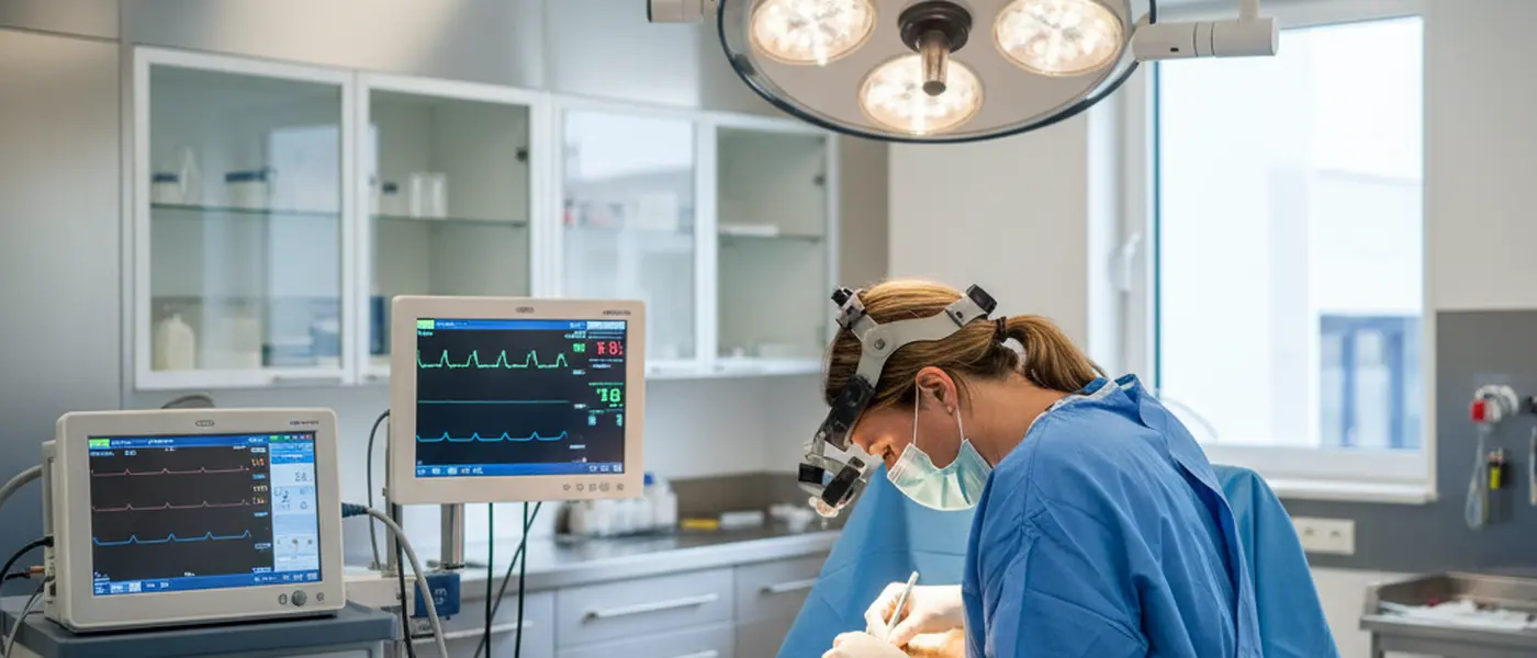 Veterinærkirurg opererer en bedøvet kat i et moderne operationsrum på et skandinavisk dyrehospital