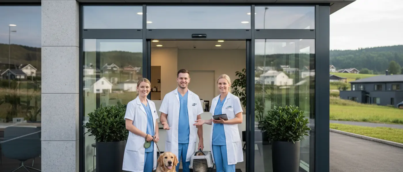 Norsk veterinær undersøker en golden retriever på en moderne dyreklinikk