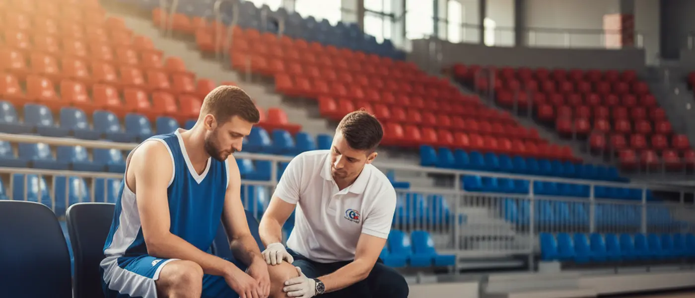 Sports medicine doctor examining an athlete's knee on a basketball court sideline