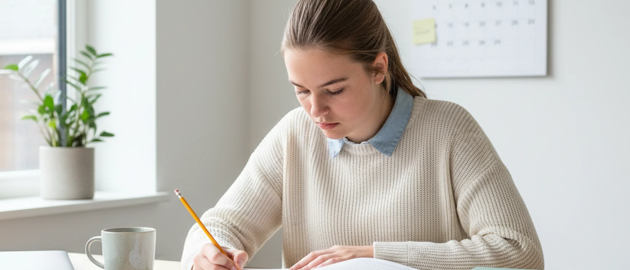 Leerling werkt zelfstandig aan huiswerk aan een opgeruimd bureau met schoolboeken