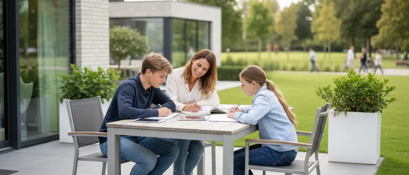 Nederlandse tiener werkt aan wiskundeoefeningen met een bijlesdocent in een gezellige huiskamer