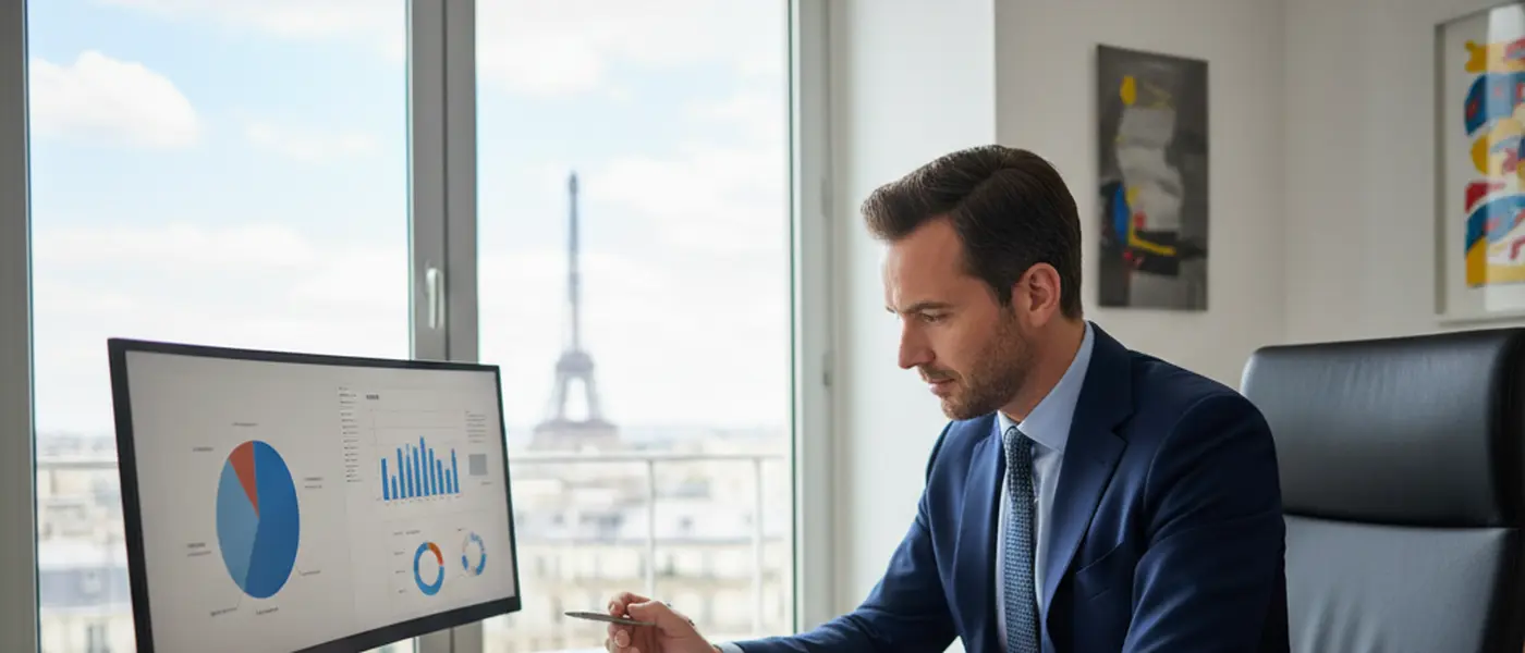 Conseiller en gestion de patrimoine analysant un dossier d'épargne salariale dans un bureau parisien