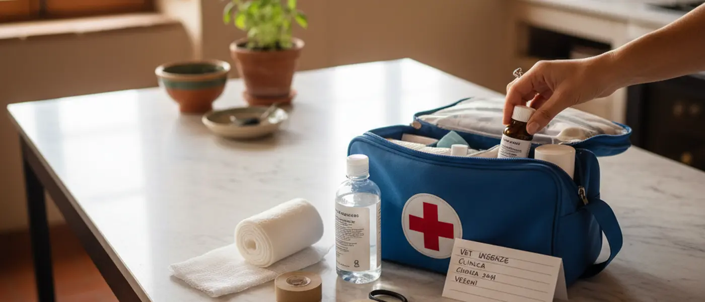 Kit di primo soccorso veterinario domestico con garze, cerotto adesivo e soluzione fisiologica su un piano cucina