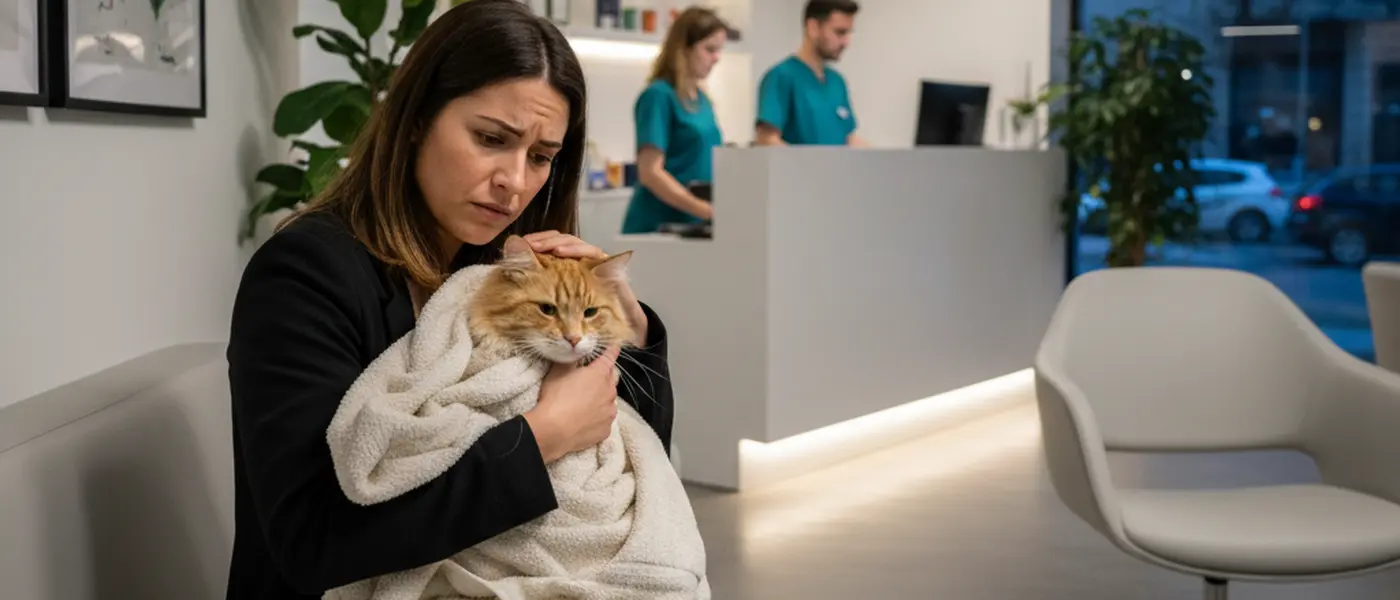 Donna con gatto avvolto in un asciugamano nella sala d'attesa di una clinica veterinaria notturna