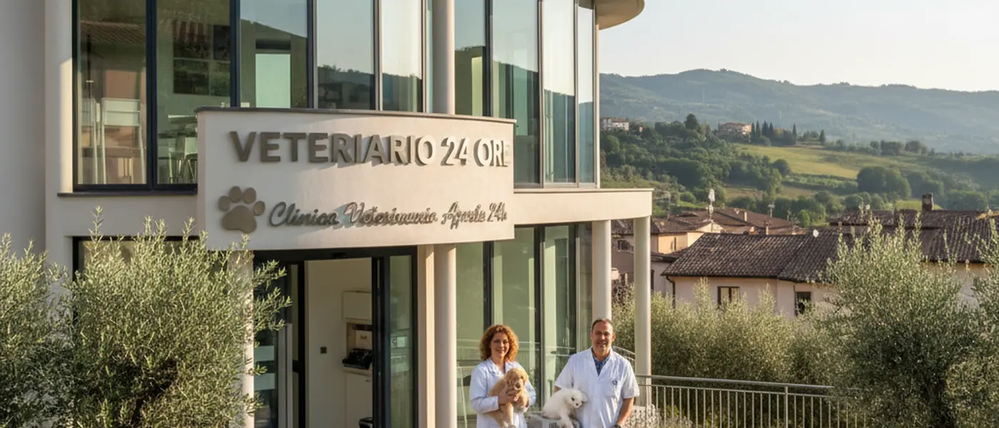 Veterinario italiano che esamina un golden retriever su un lettino in una clinica veterinaria notturna