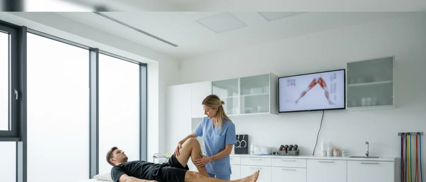 Sports physiotherapist examining a young male athlete's hamstring on a treatment table in a clinical setting