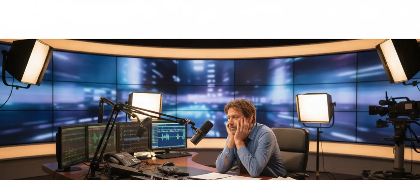Journaliste de télévision fatigué assis à son bureau de studio en soirée