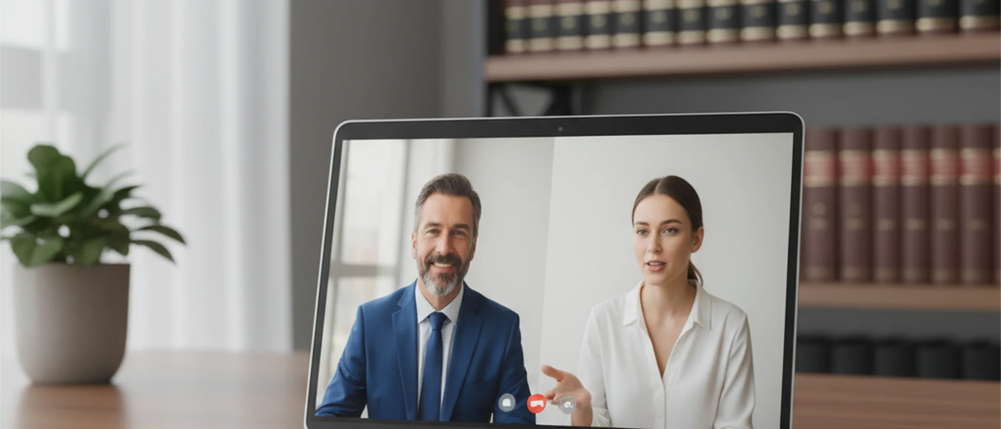 Consulta jurídica online numa sala de estar moderna em Lisboa, com documentos legais visíveis no ecrã