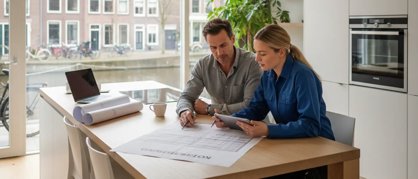 Huiseigenaar en elektricien bespreken een offerte aan de keukentafel in een Nederlandse woning