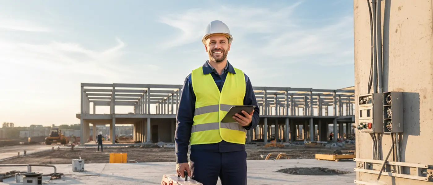 Nederlandse elektricien in blauwe werkkleding inspecteert een moderne groepenkast in een woning