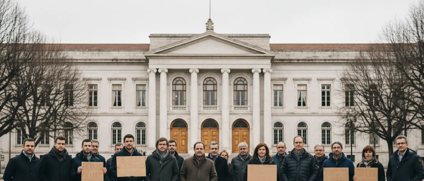 Trabalhadores do setor público português em frente a edifício institucional com cartazes sindicais
