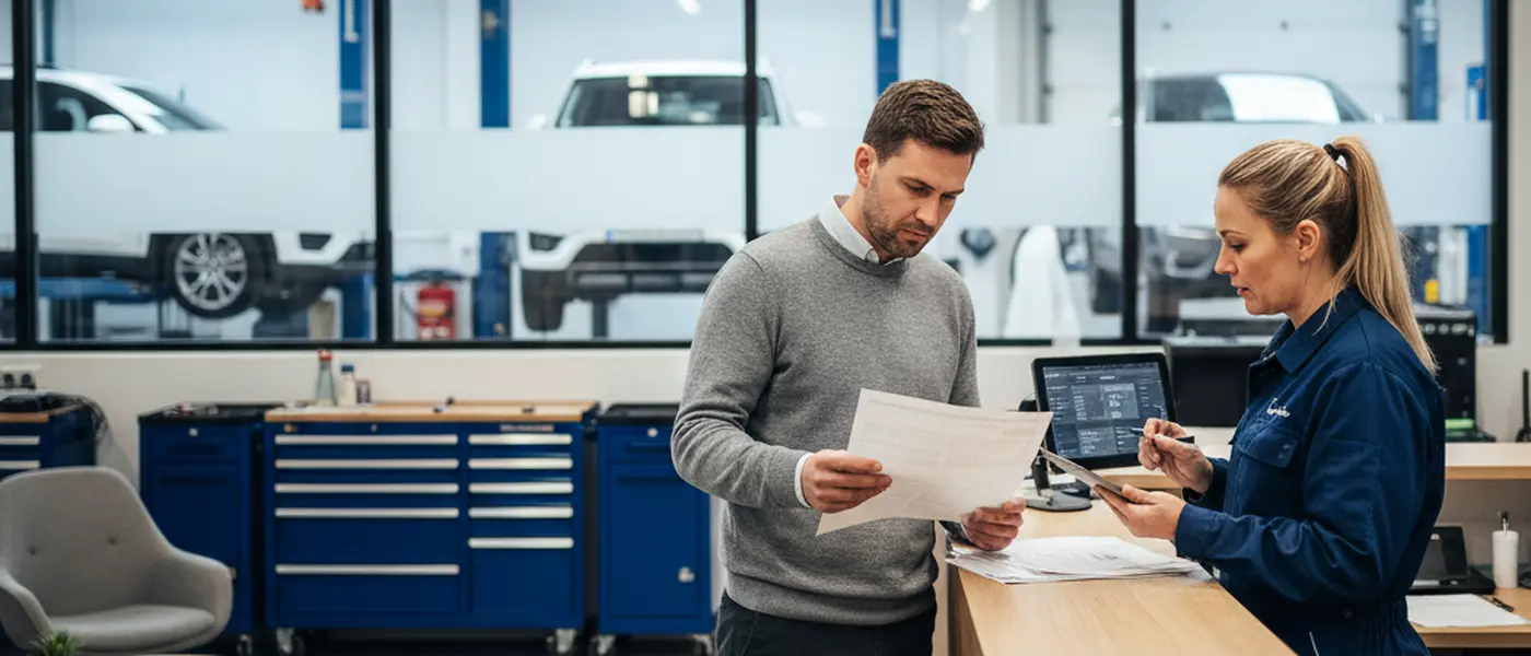 Bileier gjennomgår et reparasjonsestimat ved skranken i et norsk bilverksted