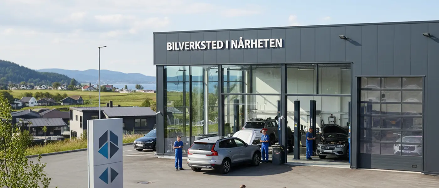 Norsk bilmekaniker inspiserer undersiden av en bil på en hydraulisk løftebukk i et moderne verksted