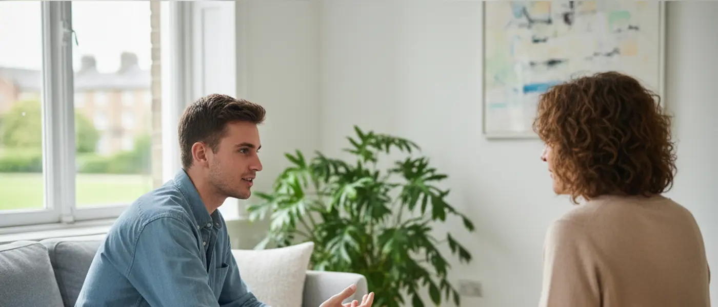 Young man in a calm therapy session with a counsellor in a bright room